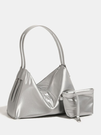 Silver Luminous Silver Nylon Underarm Shoulder Bag - Convertible Crossbody Hobo with Pouch - Lightweight & Modern - Image 3