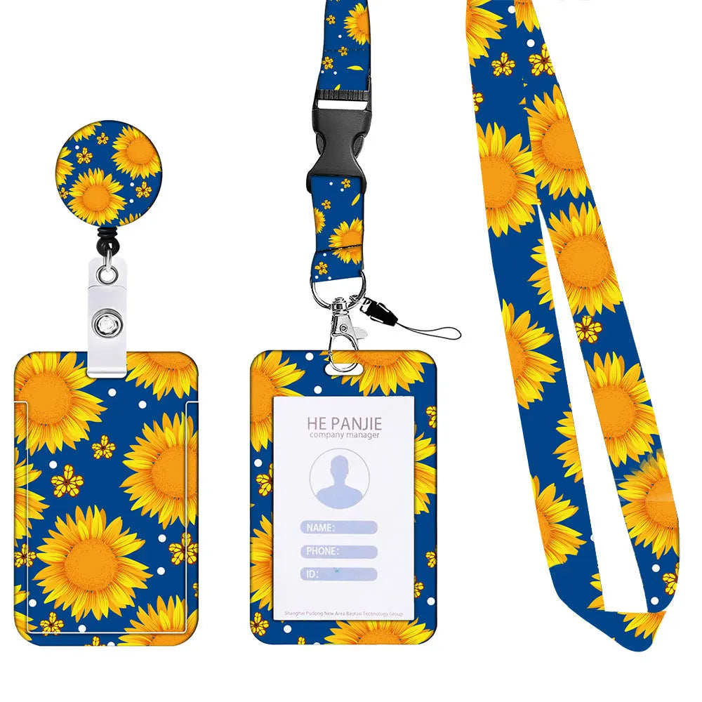 2 Pcs Yellow and Blue Sunflower Patterns Retractable Badge Reel & ID Card Holder Set with Lanyard - Durable ABS Plastic