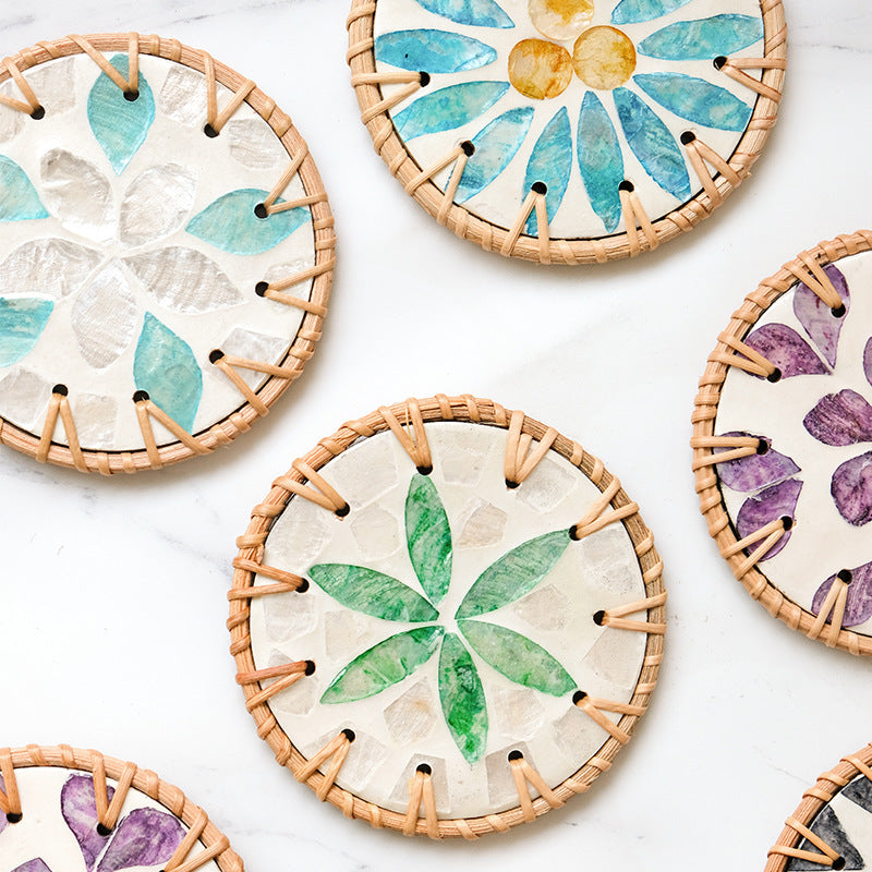 4 Pcs Beige Background With Blue flower Handcrafted Rattan Coaster with Natural Shell Inlay - Decorative & Heat Insulating Drink Mat - Image 3