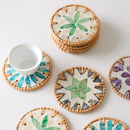 4 Pcs Beige Background With Green flower Handcrafted Rattan Coaster with Natural Shell Inlay - Decorative & Heat Insulating Drink Mat - Image 2