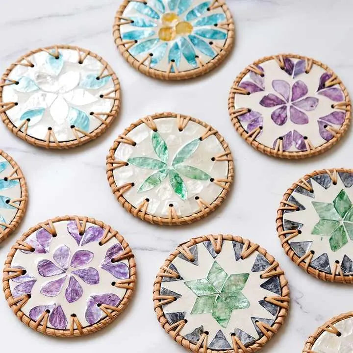 4 Pcs Beige Background With Blue and Purple flower Handcrafted Rattan Coaster with Natural Shell Inlay - Decorative & Heat Insulating Drink Mat - Image 6