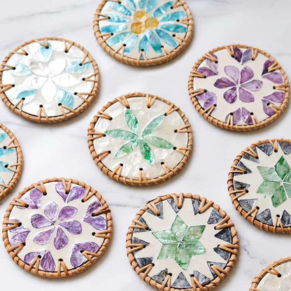 4 Pcs Beige Background With Blue and Pink flower Handcrafted Rattan Coaster with Natural Shell Inlay - Decorative & Heat Insulating Drink Mat - Image 6