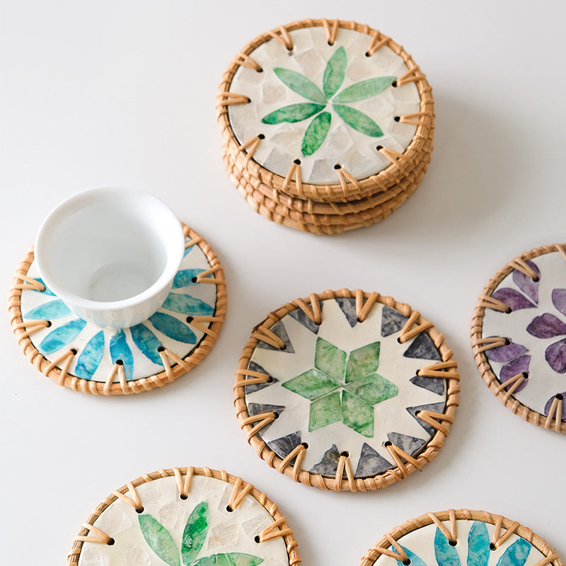4 Pcs Khaki Background With Blue flower Handcrafted Rattan Coaster with Natural Shell Inlay - Decorative & Heat Insulating Drink Mat - Image 2