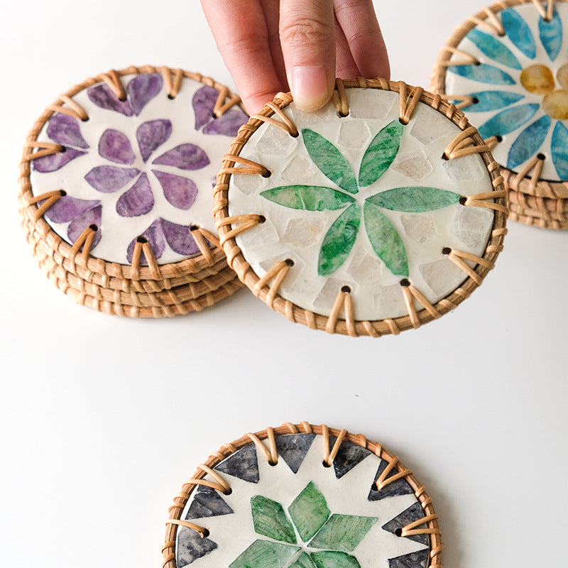 4 Pcs Khaki Background With Blue flower Handcrafted Rattan Coaster with Natural Shell Inlay - Decorative & Heat Insulating Drink Mat - Image 4