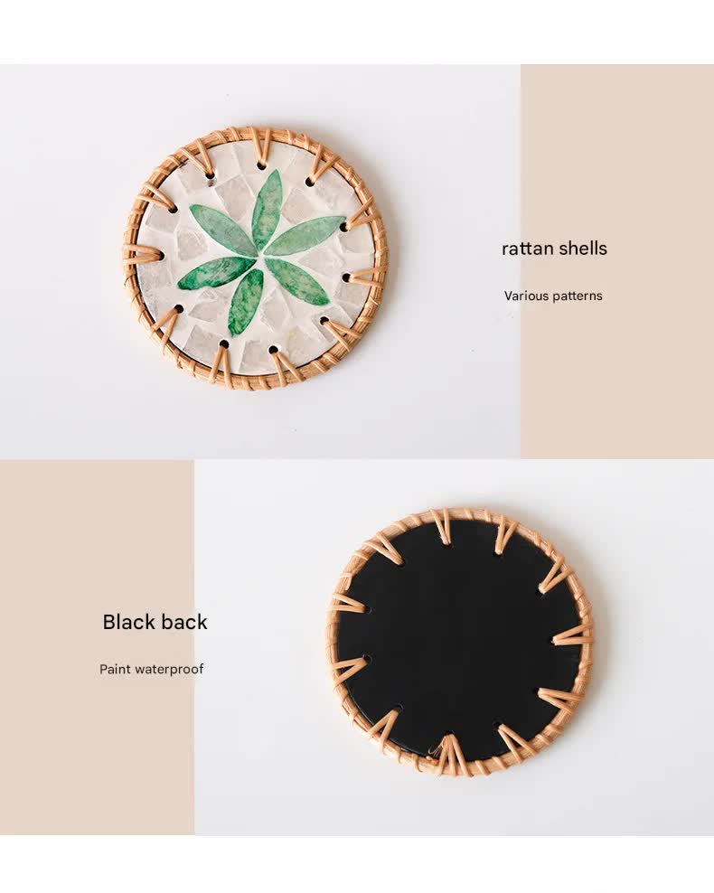 4 Pcs Khaki Background With Blue flower Handcrafted Rattan Coaster with Natural Shell Inlay - Decorative & Heat Insulating Drink Mat - Image 5
