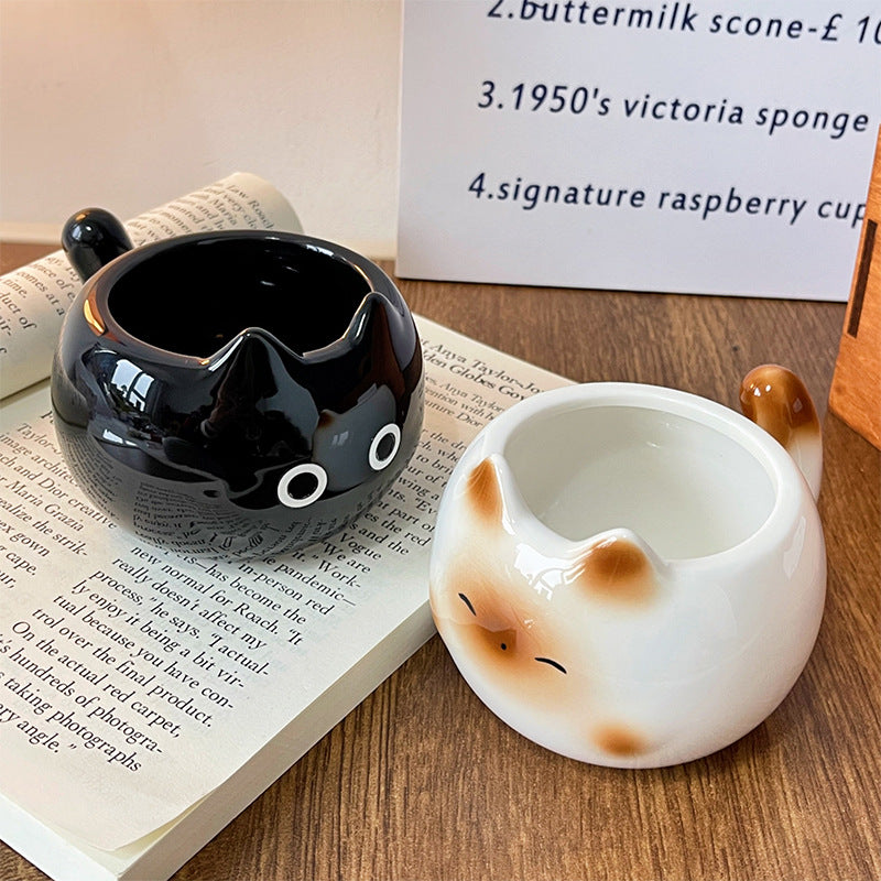 White And Brown Adorable Ceramic Cat Mug - Cute Creative Coffee Cup with Tail Handle (210ml) - Image 2