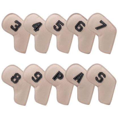 Beige Golf Iron Head Covers Set of 10 - Waterproof PU Leather Club Protectors with Embroidered Numbers (3-9, P, A, S)