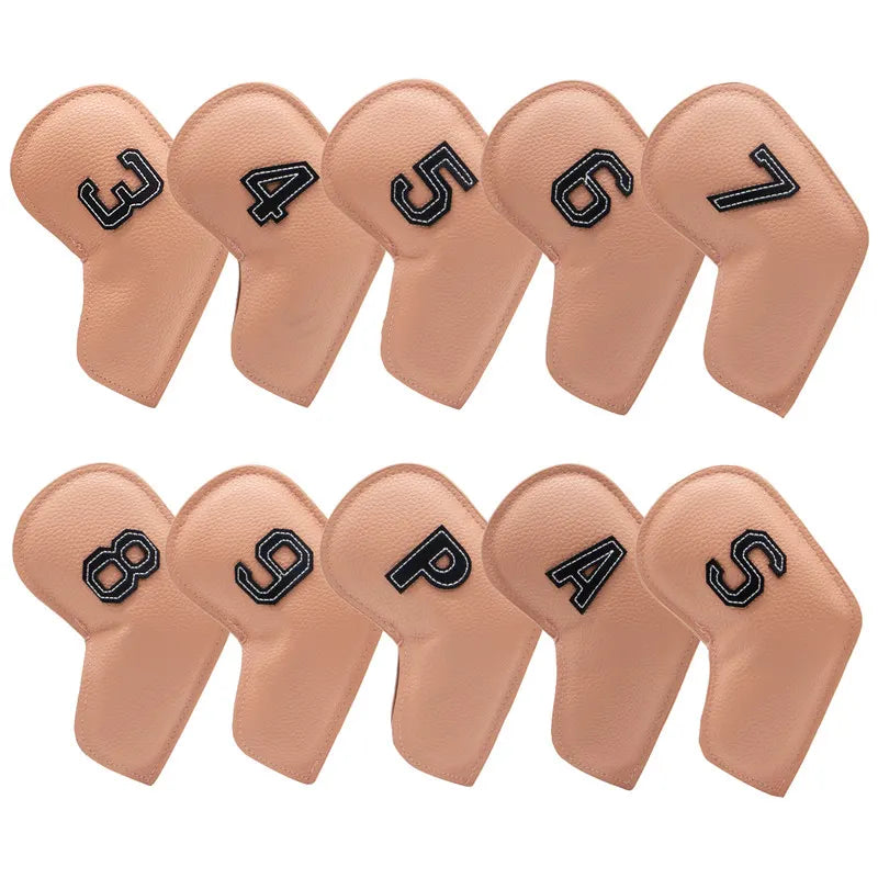 Khaki Golf Iron Head Covers Set of 10 - Waterproof PU Leather Club Protectors with Embroidered Numbers (3-9, P, A, S)