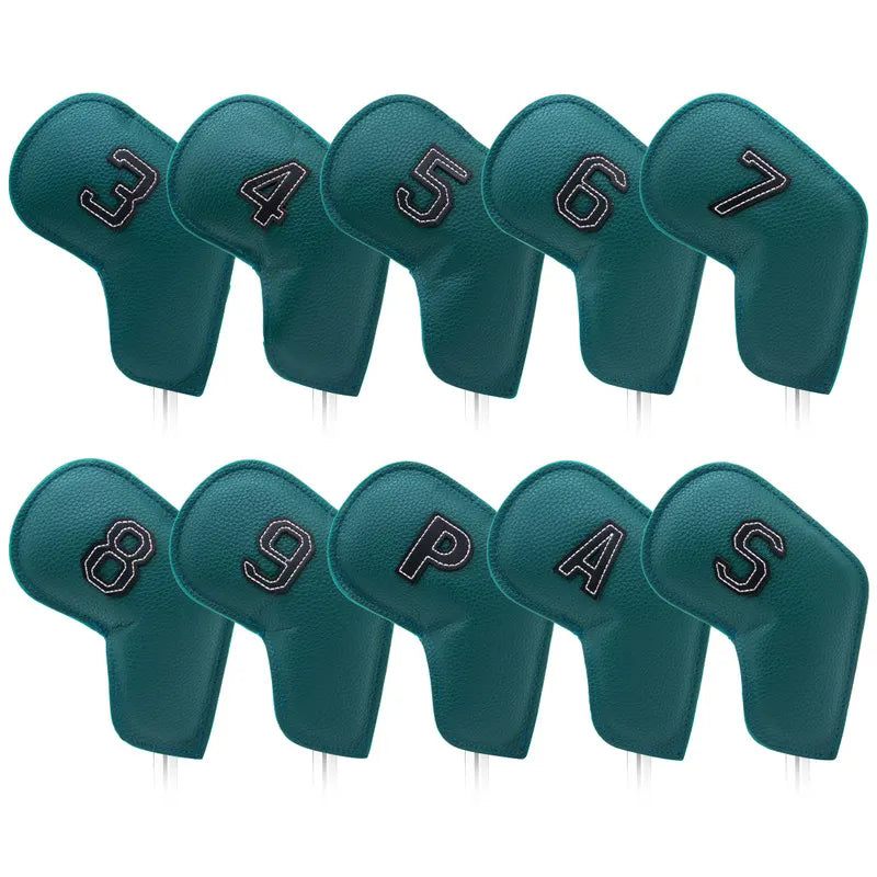 Dark Green Golf Iron Head Covers Set of 10 - Waterproof PU Leather Club Protectors with Embroidered Numbers (3-9, P, A, S)