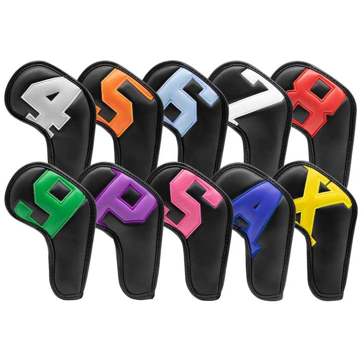 Colorful Words On Black Background PU Leather Golf Iron Headcovers Set (10pcs) - Numbered Protective Club Covers (4-9, P, A, S, L) Universal Fit - Image 2