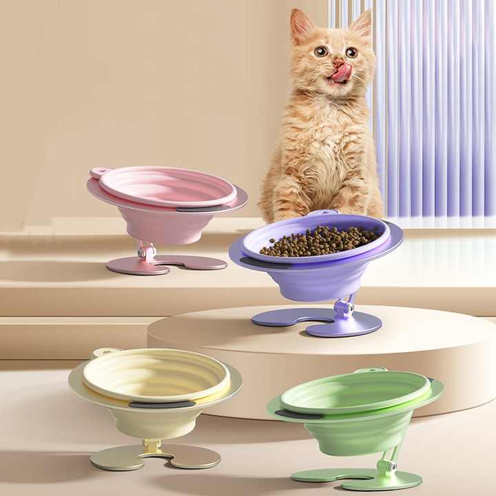 Pink Foldable Elevated Pet Bowl Set - Tilted Ergonomic Cat Feeder with Aluminum Stand & Silicone Bowl - Image 2