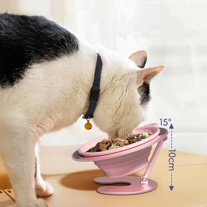 Yellow Foldable Elevated Pet Bowl Set - Tilted Ergonomic Cat Feeder with Aluminum Stand & Silicone Bowl - Image 3