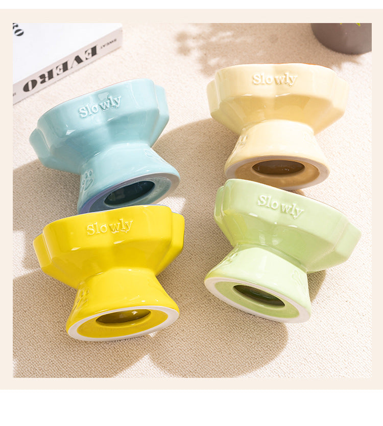Green and Brown Ceramic Slow Feeder Pet Bowl for Cats and Small Dogs - Anti-Choke Elevated Design with 15-Degree Tilted Rim - Image 3