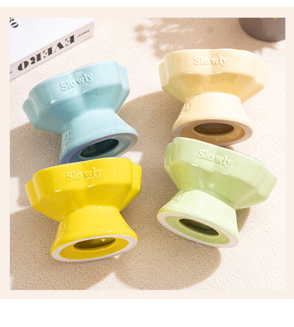 Yellow and Blue Ceramic Slow Feeder Pet Bowl for Cats and Small Dogs - Anti-Choke Elevated Design with 15-Degree Tilted Rim - Image 3