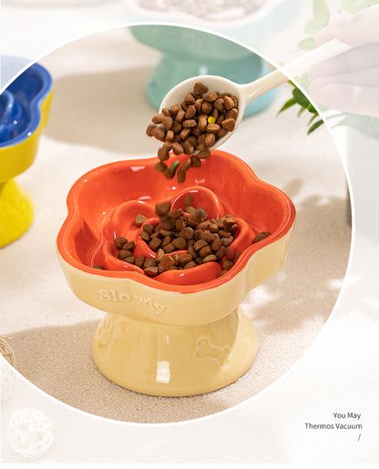 Yellow and Blue Ceramic Slow Feeder Pet Bowl for Cats and Small Dogs - Anti-Choke Elevated Design with 15-Degree Tilted Rim - Image 4