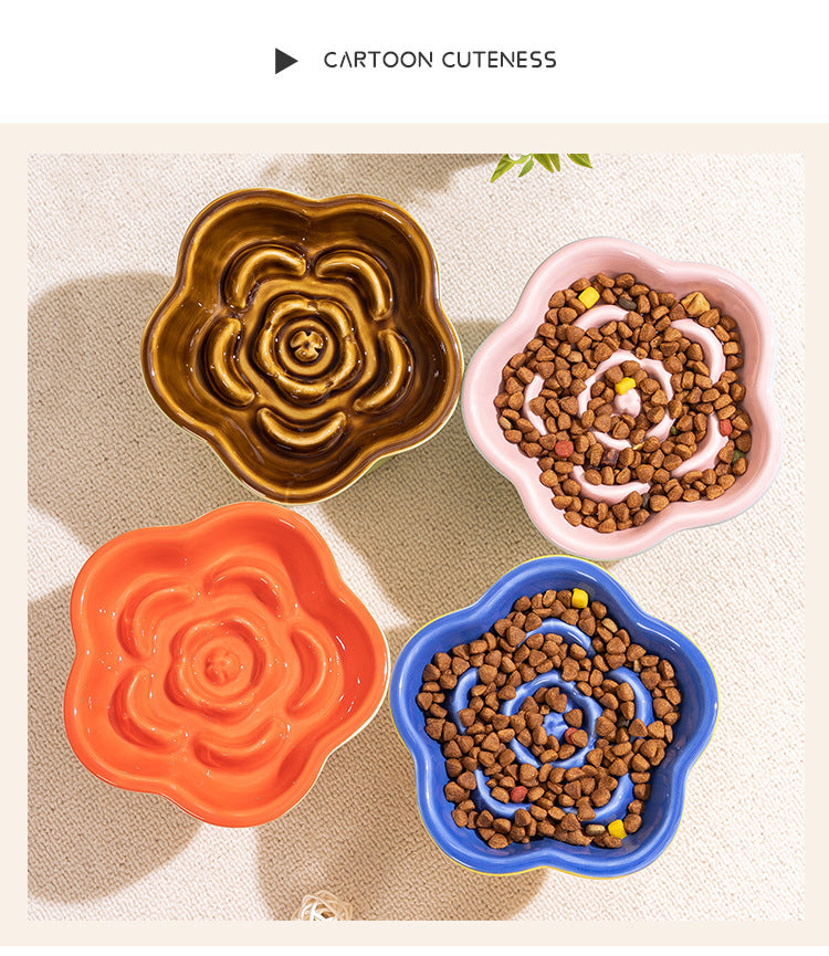 Khaki and Orange Ceramic Slow Feeder Pet Bowl for Cats and Small Dogs - Anti-Choke Elevated Design with 15-Degree Tilted Rim - Image 2