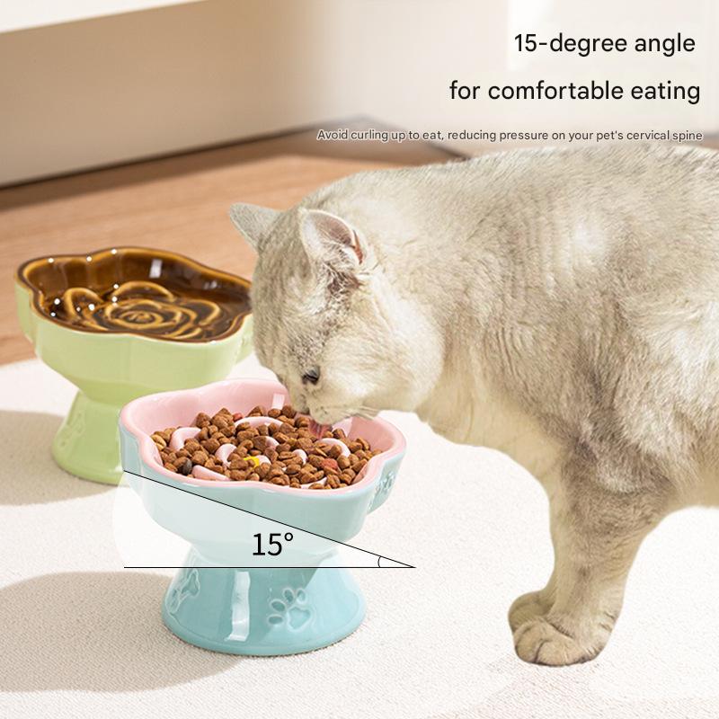 Khaki and Orange Ceramic Slow Feeder Pet Bowl for Cats and Small Dogs - Anti-Choke Elevated Design with 15-Degree Tilted Rim - Image 5