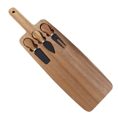 Brown And Black Premium Acacia Wood Cheese Board Set | Charcuterie Platter with 3 Stainless Steel Knives