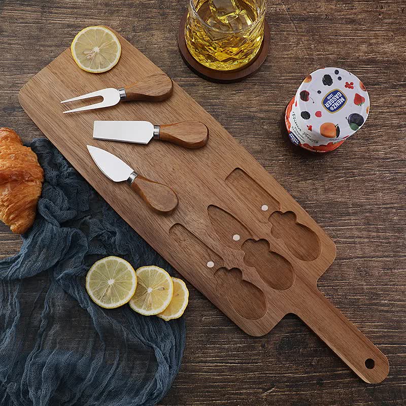 Brown And Gold Premium Acacia Wood Cheese Board Set | Charcuterie Platter with 3 Stainless Steel Knives - Image 9