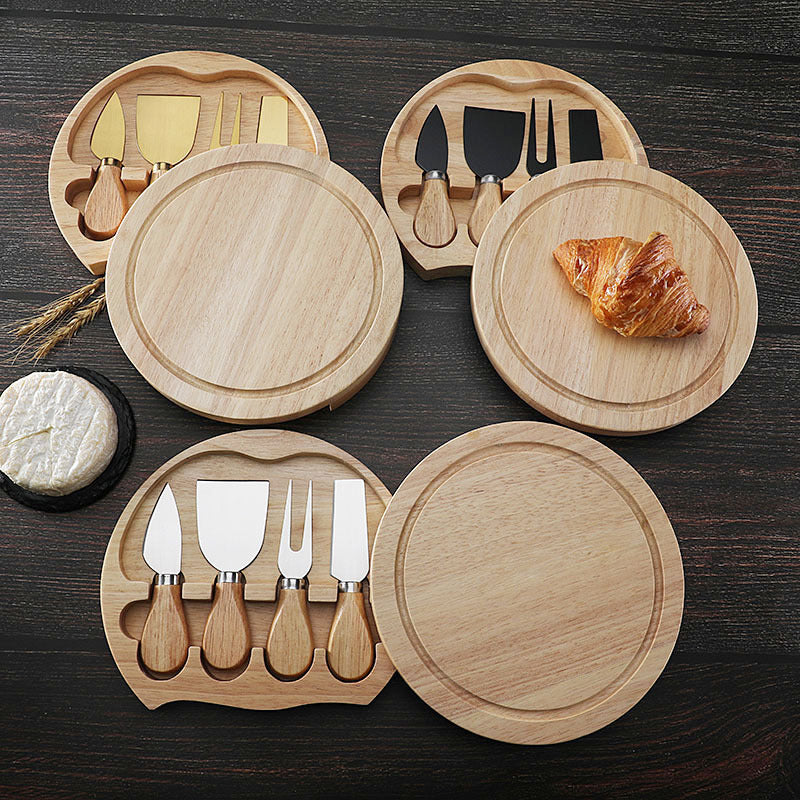 Brown And Silver Compact Round Rubberwood Cheese Board Set | 4 Stainless Steel Knives & Tools - Image 2