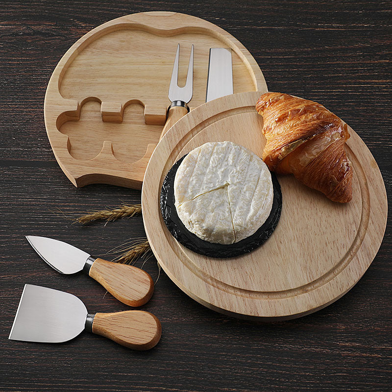 Brown And Silver Compact Round Rubberwood Cheese Board Set | 4 Stainless Steel Knives & Tools - Image 4