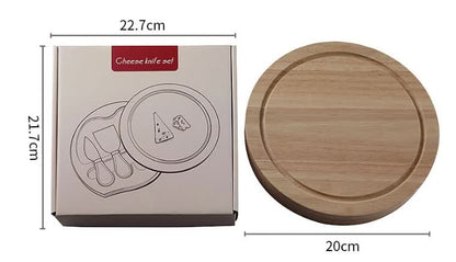 Brown And Silver Compact Round Rubberwood Cheese Board Set | 4 Stainless Steel Knives & Tools - Image 6