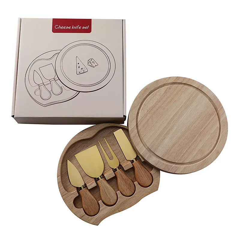 Brown And Gold Compact Round Rubberwood Cheese Board Set | 4 Stainless Steel Knives & Tools