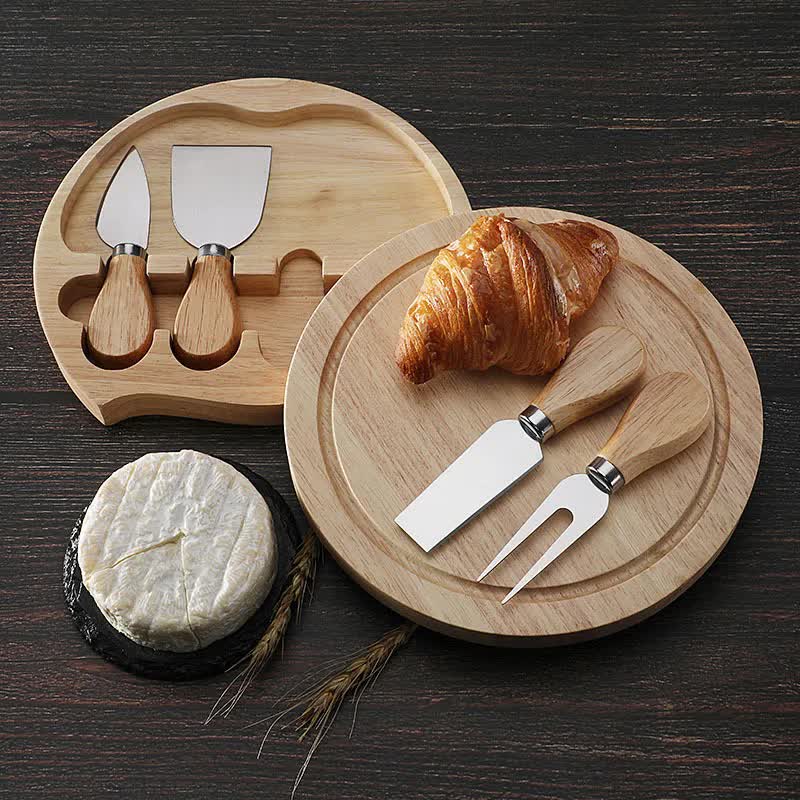 Brown And Gold Compact Round Rubberwood Cheese Board Set | 4 Stainless Steel Knives & Tools - Image 3
