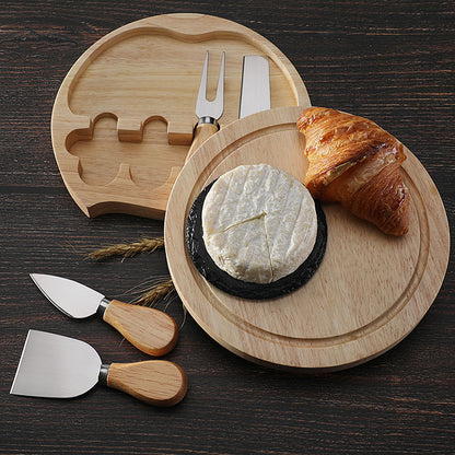Brown And Gold Compact Round Rubberwood Cheese Board Set | 4 Stainless Steel Knives & Tools - Image 4