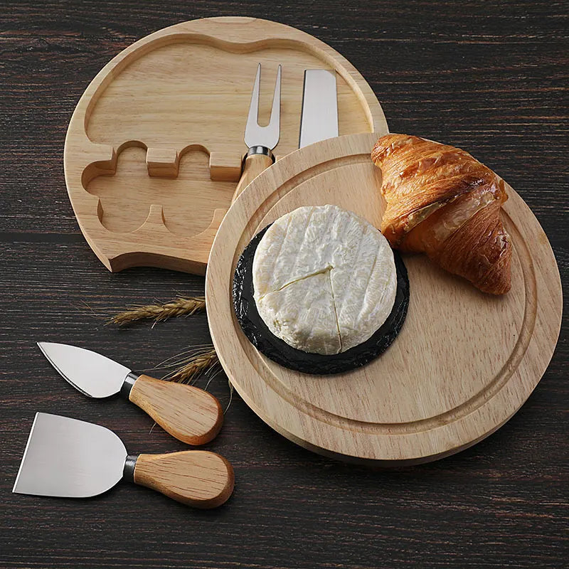 Brown And Gold Compact Round Rubberwood Cheese Board Set | 4 Stainless Steel Knives & Tools - Image 4