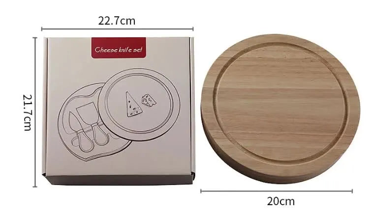 Brown And Gold Compact Round Rubberwood Cheese Board Set | 4 Stainless Steel Knives & Tools - Image 6