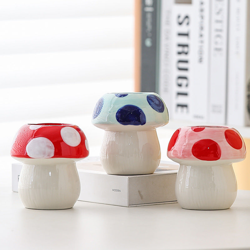 Red And White Adorable Ceramic Mushroom Desk Organizer - Cute Pen & Makeup Brush Holder - Image 2
