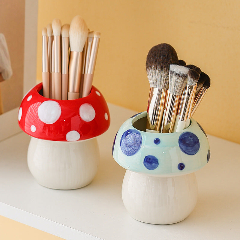 Red And White Adorable Ceramic Mushroom Desk Organizer - Cute Pen & Makeup Brush Holder - Image 3