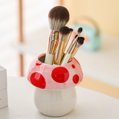 Pink And Red Adorable Ceramic Mushroom Desk Organizer - Cute Pen & Makeup Brush Holder - Image 4