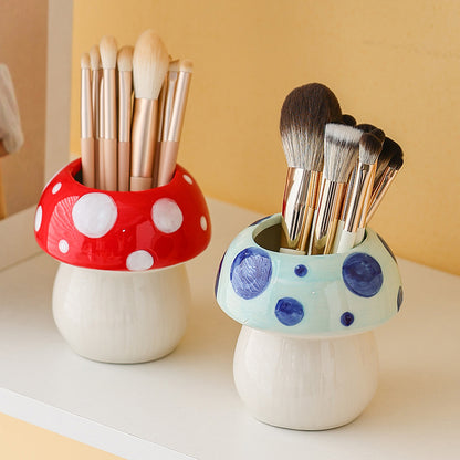 Blue Adorable Ceramic Mushroom Desk Organizer - Cute Pen & Makeup Brush Holder - Image 3
