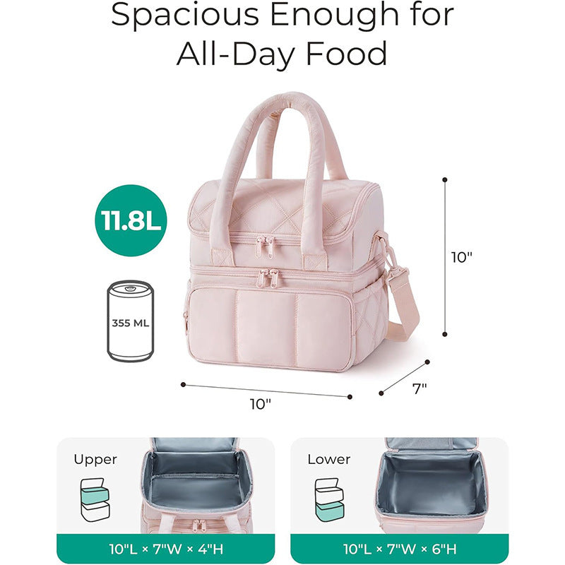 Beige Chic Double Deck Insulated Lunch Bag - Leakproof Cooler Tote for Women - Image 3