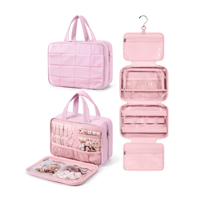 Size M Pink Quilted Hanging Toiletry Bag with Jewelry Organizer - Travel Cosmetic Case(28*12*20) - Image 2