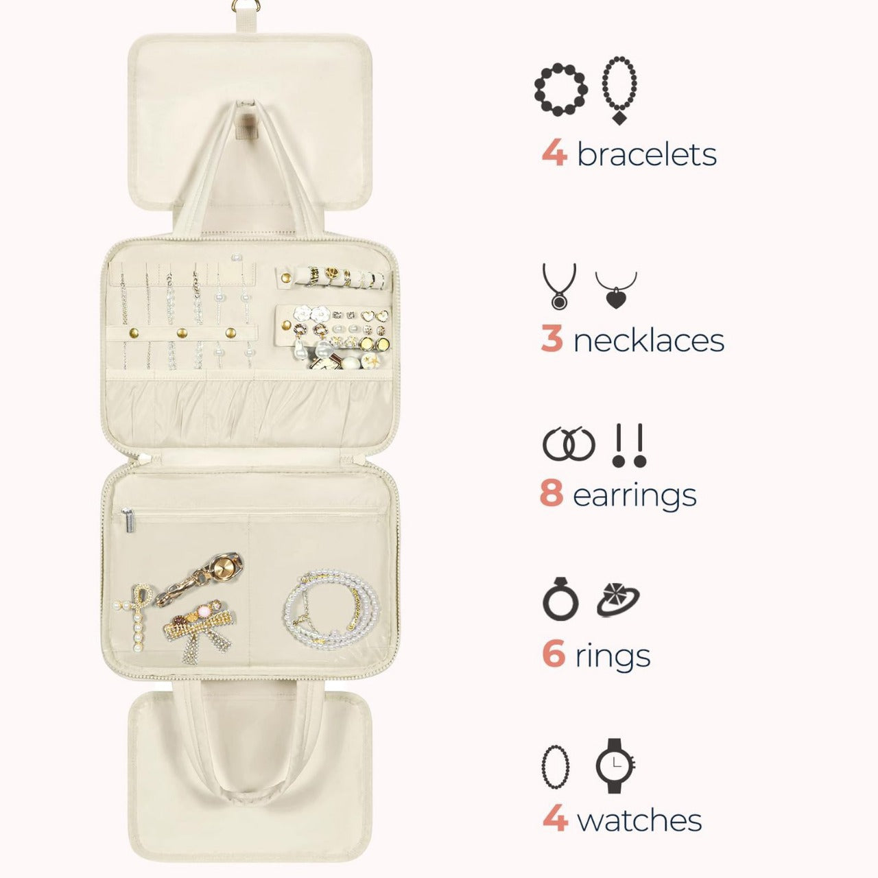 Size M Beige Quilted Hanging Toiletry Bag with Jewelry Organizer - Travel Cosmetic Case(28*12*20) - Image 8