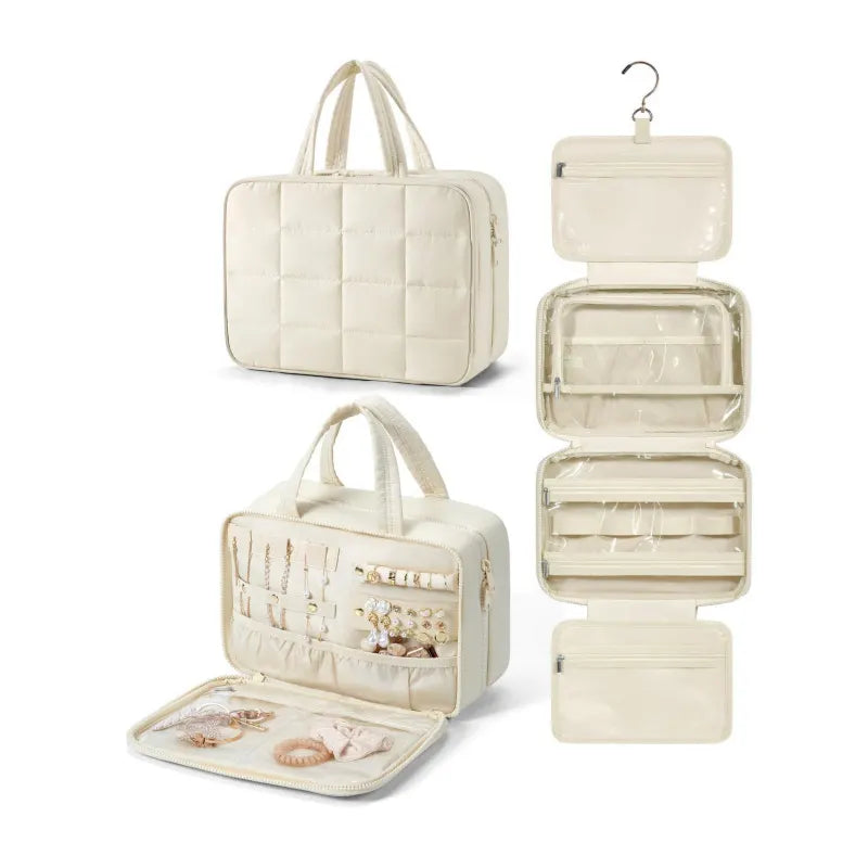 Size L Beige Quilted Hanging Toiletry Bag with Jewelry Organizer - Travel Cosmetic Case(31*12*23)