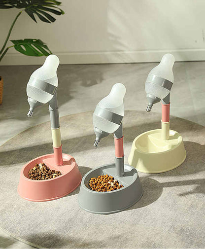 Pink Base Adjustable Height Pet Water Dispenser with Food Bowl Base - Non-Drip Bottle Feeder Station for Dogs & Cats - Image 2