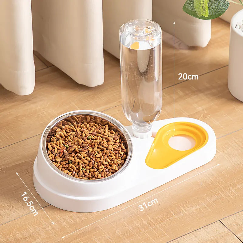White And Yellow Pet Bowl Set with Automatic Gravity Water Dispenser - Stainless Steel & PP Feeder Station