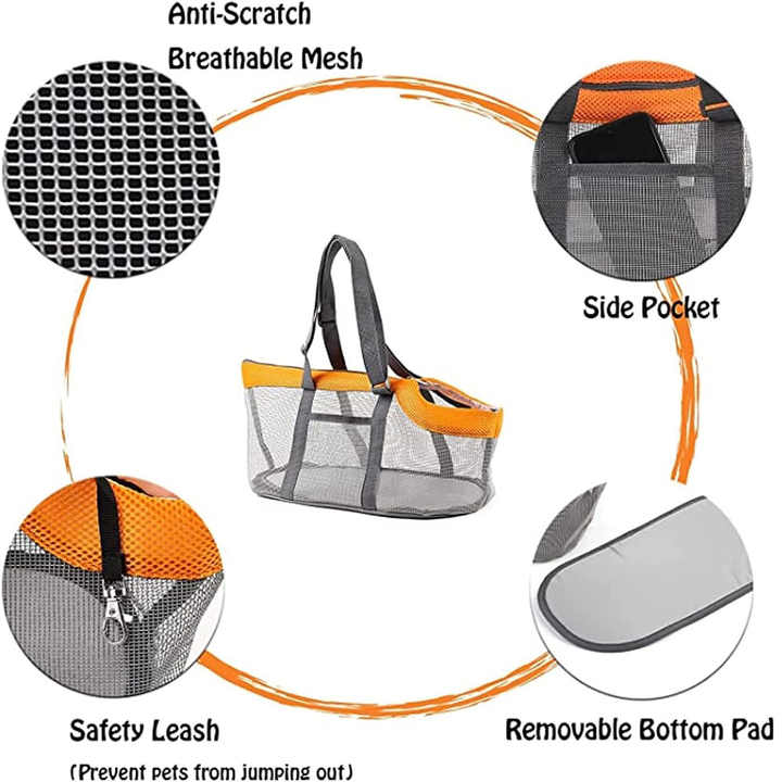 Orange And Grey Lightweight Breathable Mesh Pet Carrier Handbag - Portable Travel Tote for Small Dogs & Cats up to 8kg - Image 3