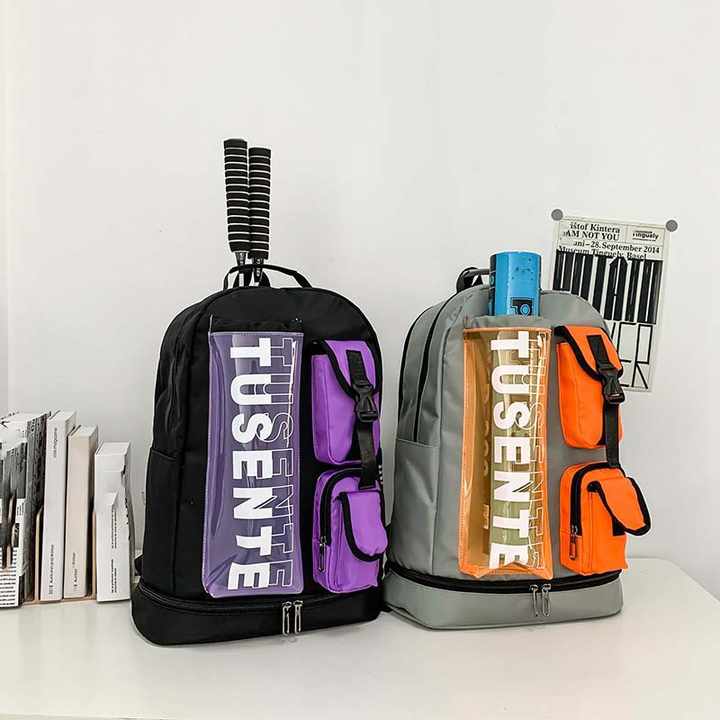 Orange And Black Stylish Sports Backpack with Contrast Pockets - Unisex Gym Bag for Badminton & Tennis - Image 2