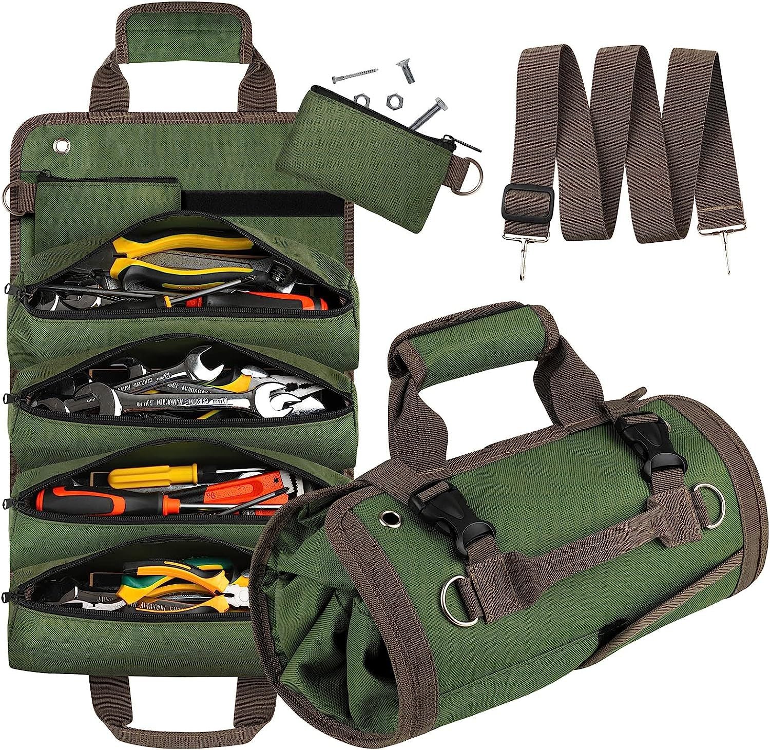Green Heavy Duty Roll-Up Tool Bag Organizer - Waterproof Oxford Fabric Pouch with Multiple Pockets - Image 3