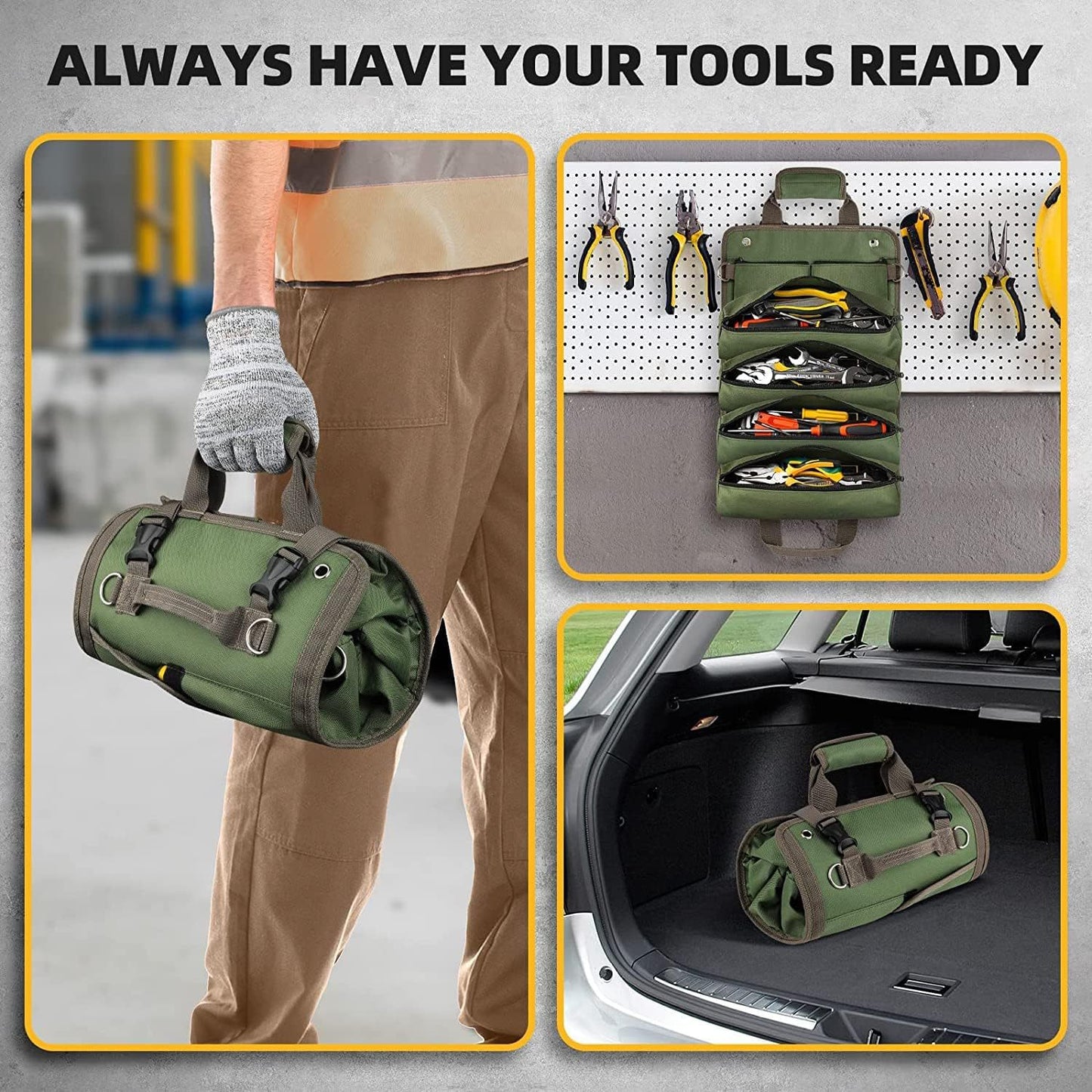 Green Heavy Duty Roll-Up Tool Bag Organizer - Waterproof Oxford Fabric Pouch with Multiple Pockets - Image 5