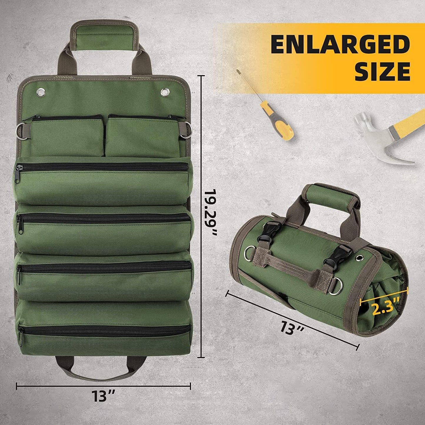 Grey Heavy Duty Roll-Up Tool Bag Organizer - Waterproof Oxford Fabric Pouch with Multiple Pockets - Image 6