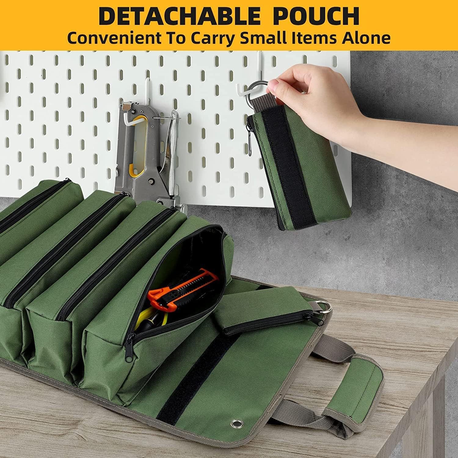 Grey Heavy Duty Roll-Up Tool Bag Organizer - Waterproof Oxford Fabric Pouch with Multiple Pockets - Image 7
