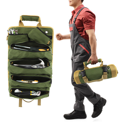 Khaki Heavy Duty Roll-Up Tool Bag Organizer - Waterproof Oxford Fabric Pouch with Multiple Pockets - Image 4
