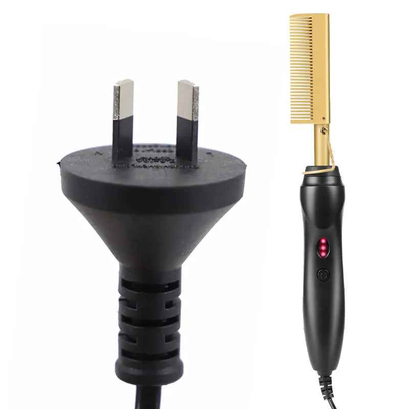 Gold and Black Electric Hot Comb Hair Straightener - Fast Heating Styling Tool with 3 Temp Settings & Anti-Scald Guard