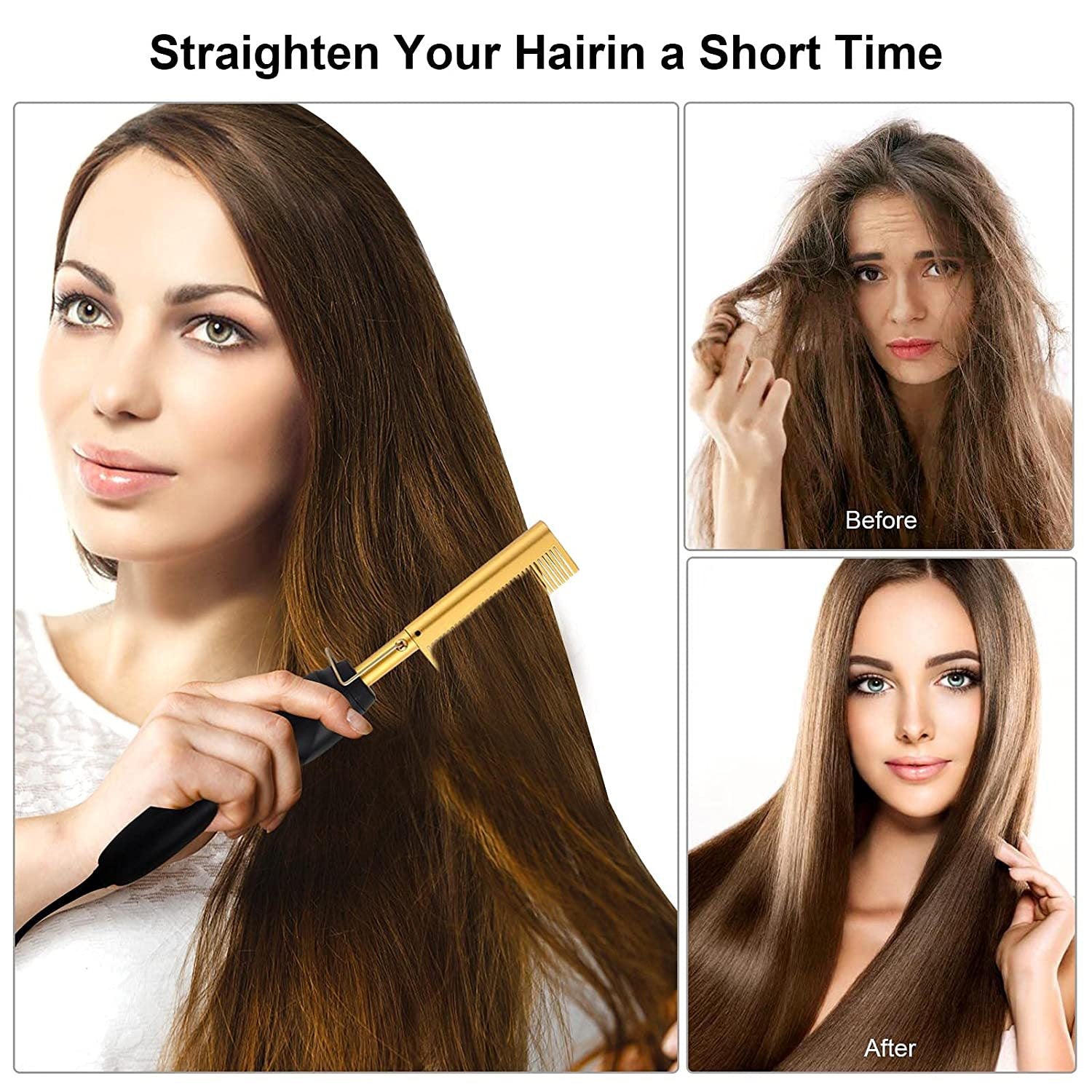Gold and Black Electric Hot Comb Hair Straightener - Fast Heating Styling Tool with 3 Temp Settings & Anti-Scald Guard - Image 2